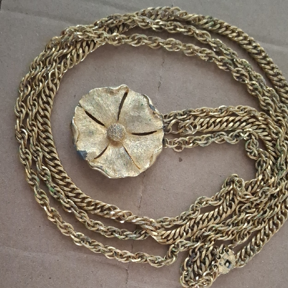 Vintage Estate Signed TAN Multi-Strand Gold Tone Floral Necklace
